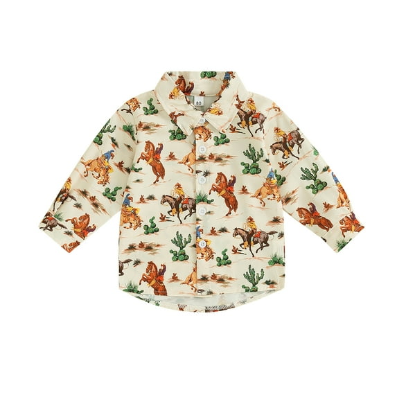 Okbabeha Toddler Baby Western Clothes Boy Long Sleeve Button Down Shirt Cow Print Blouse Tops Boys Fall Outfits