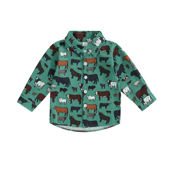 Okbabeha Toddler Baby Western Clothes Boy Long Sleeve Button Down Shirt Cow Print Blouse Tops Boys Fall Outfits