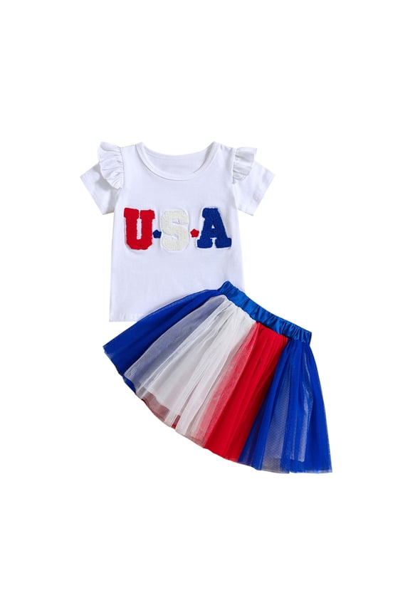 Toddler Girl Fourth of July Outfit 12 18Month 2t 3t 4t USA Tee Shirt+American Flag Tutu Tulle Skirt Set 4th of July Clothes