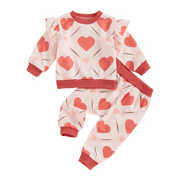Okbabeha Toddler Girl Valentine's Day Sets Heart Ruffled Sweatshirt Long Pants