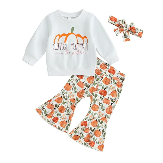 Okbabeha Toddler Girl Winter Clothes Baby Halloween Outfit Letter Crewneck Sweatshirt Pumpkin Flare Pants Fall Outfits