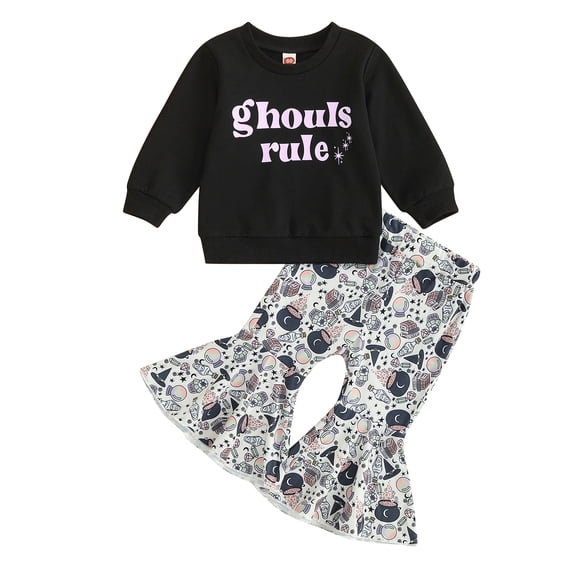 Okbabeha Toddler Girl Winter Clothes Baby Halloween Outfit Letter Crewneck Sweatshirt Pumpkin Flare Pants Fall Outfits