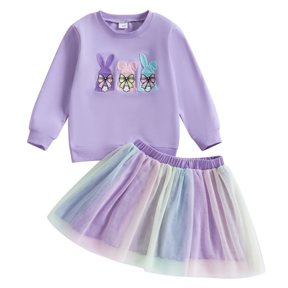 Okbabeha Toddler Girls 2Pcs Easter Outfits Long Sleeve Bunny Embroidery Sweatshirt + Tulle Skirt Set Baby Clothes