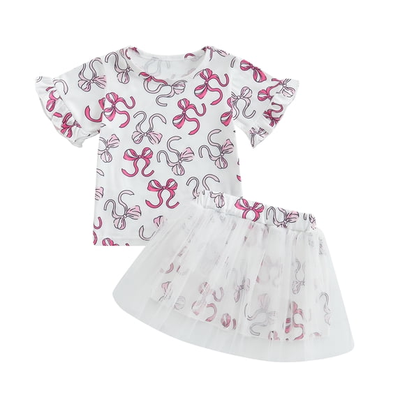 Okbabeha Toddler Girls 2Pcs Summer Outfits Short Sleeve Bow Print Tops Tulle Skirt Set Baby Clothes