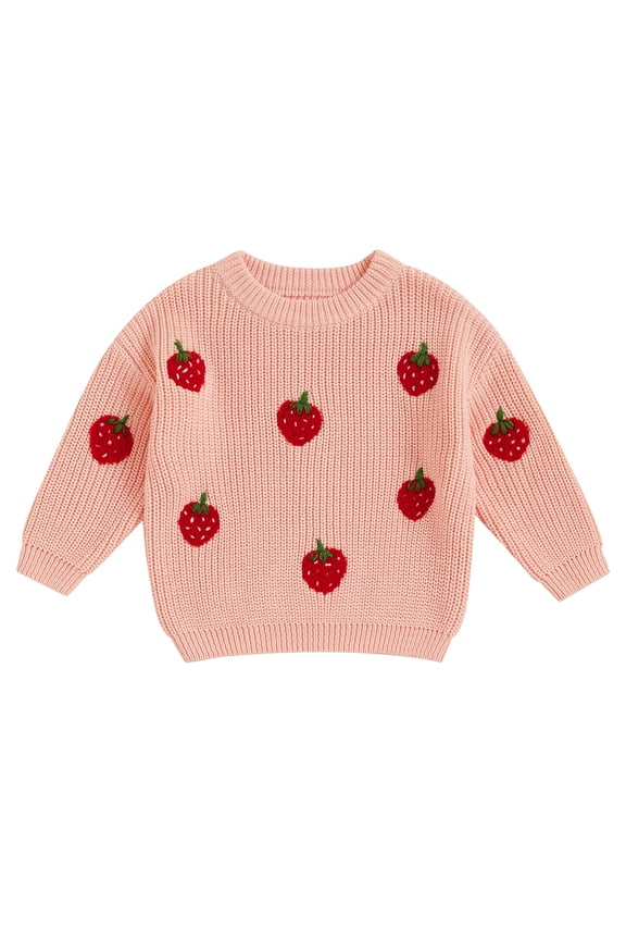 Toddler Girls Sweater Strawberry Embroidered Long Sleeve Pullovers Fall Winter Kids Clothes Baby Jumpers Tops
