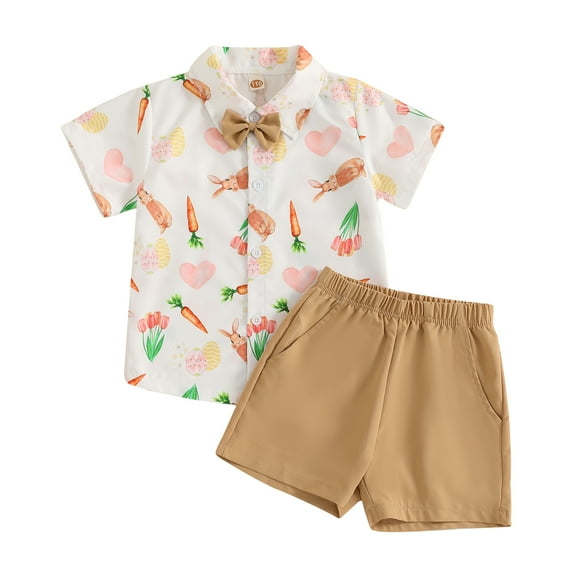 Okbabeha Toddler Kids Boy Easter Outfits Shorts Sleeve Carrot Print Shirt Top Casual Shorts 2 Pieces Suits