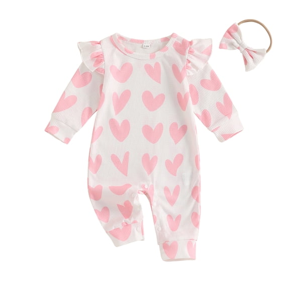 Okbabeha Valentine’s Day Baby Girl Outfit Long Sleeve Heart Print Romper Bodysuit Jumpsuit with Headband