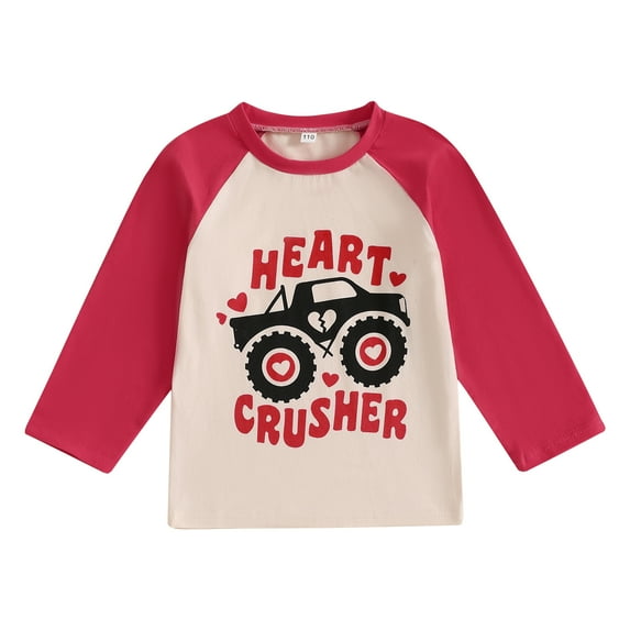 Okbabeha Valentine's Day T-shirt for Little Boys Girls Letter Tractor Print Tops Toddler Kids Long Sleeve Raglan Tees