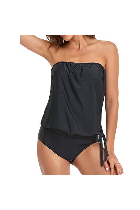 Athletic Shorts for Women Summer Two Piece Bandeau Swimsuits For Loose Fit Bathing Blouson Swim Tank Top With Shorts Biker Shorts with Pockets Black XXL