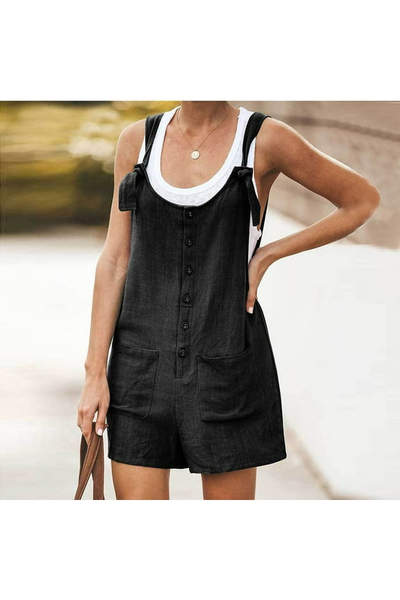 Athletic Shorts for Women Summer Button Cotton And Hemp Pocket Suspender Shorts Jumpsuit Strap Pants Compression Shorts Black M(6)
