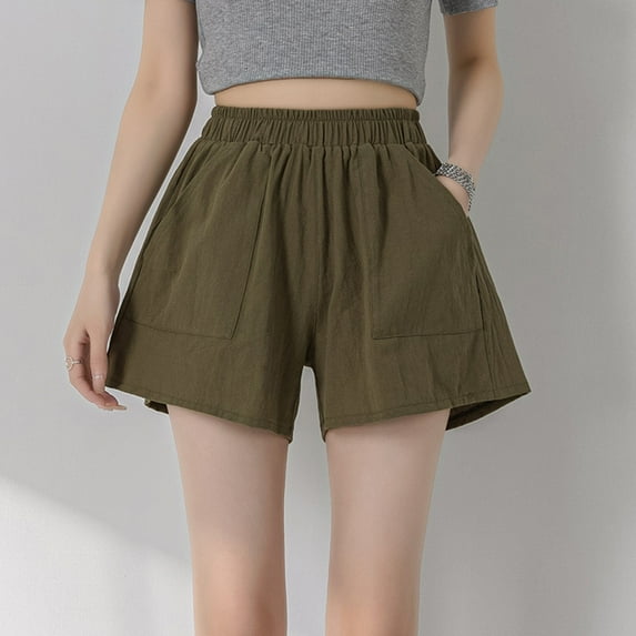 Okbop Athletic Shorts for Women Summer Cotton And Hemp Solid Color Wide-leg Shorts Girls Shorts Army Green M(6)