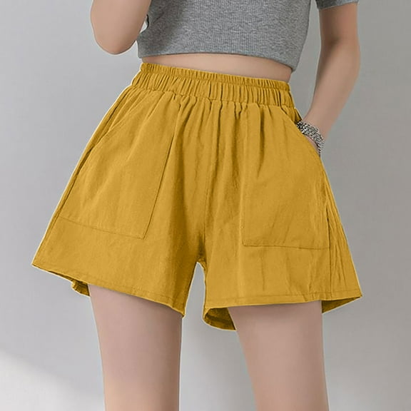 Okbop Athletic Shorts for Women Summer Cotton And Hemp Solid Color Wide-leg Shorts Overall Shorts Yellow M(6)