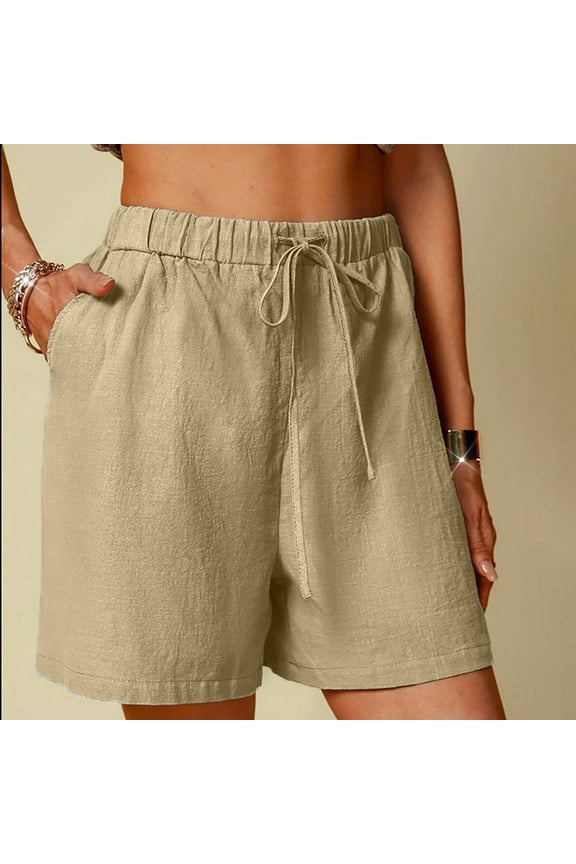 Athletic Shorts for Women Summer Cotton Linen Shorts Solid Color Comfortable Elastic Wide Leg Shorts Jogger Khaki L(8)