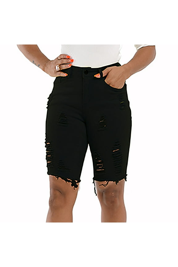 Athletic Shorts for Women Summer Jeans Candy Color Hole Large Jeans Shorts Long Shorts Black L(8)