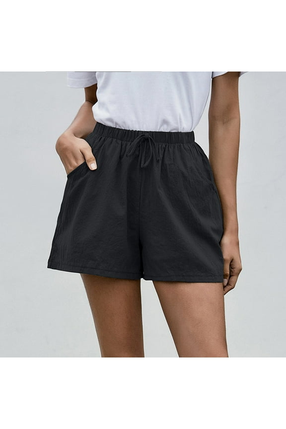 Athletic Shorts for Women Summer Loose Wide Leg Pants High Waist Straight Pants Cotton Linen Shorts Jogger Black L(8)