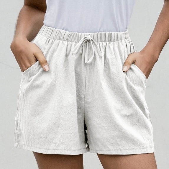 Okbop Athletic Shorts for Women Summer Loose Wide Leg Pants High Waist Straight Pants Cotton Linen Shorts Shapewear Shorts White S(4)
