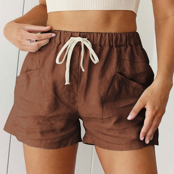 Okbop Athletic Shorts for Women Summer Solid Color High Waist Lace-Up Pockets Three-Part Shorts Biker Shorts Brown S(4)