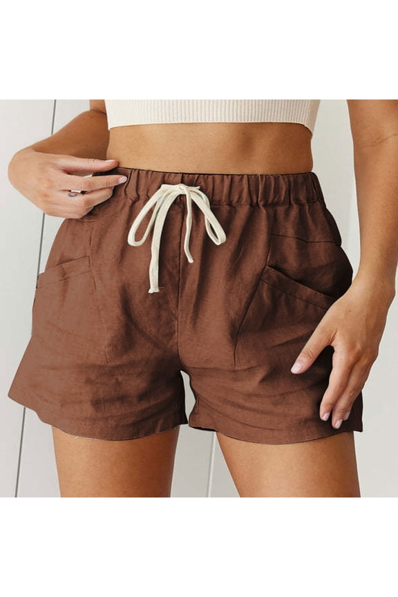 Athletic Shorts for Women Summer Solid Color High Waist Lace-Up Pockets Three-Part Shorts Biker Shorts Brown S(4)