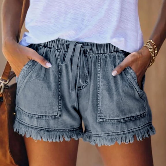 Okbop Athletic Shorts for Women Summer Solid Color Pocket Jeans Cowboy Pants Female Tassel Bandage Bottom Shorts Boxer Shorts Dark Blue S(4)