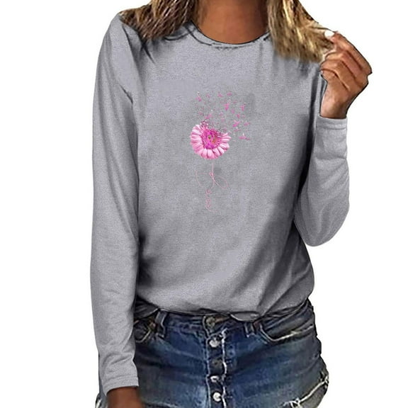 Okbop Cropped Tank Tops for Women,O-Neck Printing Loose Casual Fashion Long Sleeve Breast Cancer Womens Tops And Blouses Black Shirt