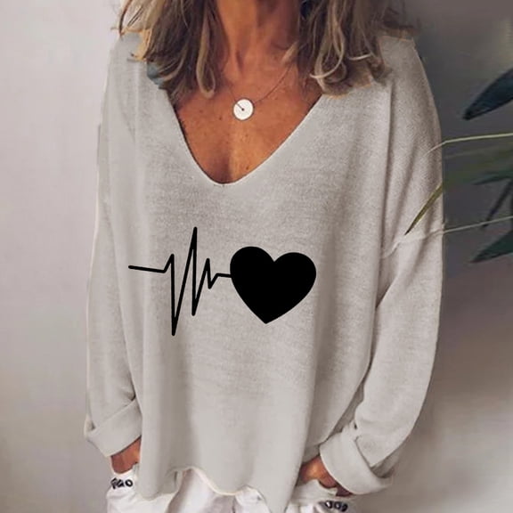 Okbop Gym Tops for Women, Fashion Casual Print V-Neck Loose Long Sleeve T-Shirt Top Pullover Christmas Blouses for Women Womens White Button Down Shirt