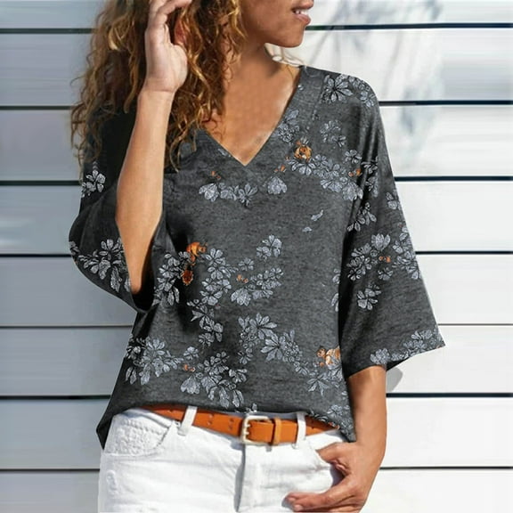 Okbop Long Sleeve Crop Tops,Loose Sexy Floral Print Three Quarter Sleeve V-Neck T-Shirt Women Blouses And Tops Fashion Sweatshirts for Women Loose Fit