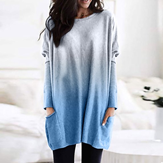 Okbop Nursing Tops,Spring And Autumn Round Neck Gradient Color Long-Sleeved Casual Pocket T-Shirt Top Womens Button Down Blouse Long Sleeve Workout Shirts for Women