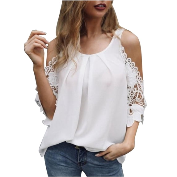 Okbop Sparkly Tops for Women,O Neck Lace Off Shoulder Leisure Commuting Home Fashion Top Short Sleeve Blouses for Women Western Shirts for Women