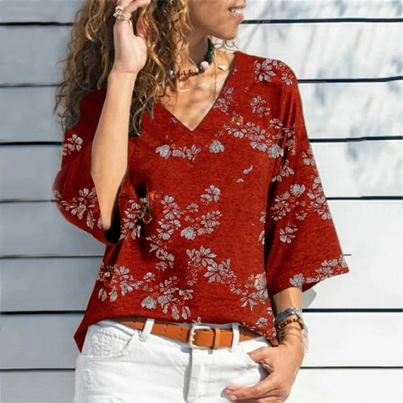 Okbop V Neck Tops for Women,Loose Sexy Floral Print Three Quarter Sleeve V-Neck T-Shirt Pink Blouses for Women Daddys Lil Monster Shirt