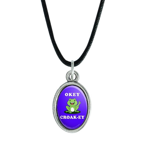 Okey Croak-ey Dokey Frog Funny Humor Antiqued Oval Charm Pendant with Black Satin Cord