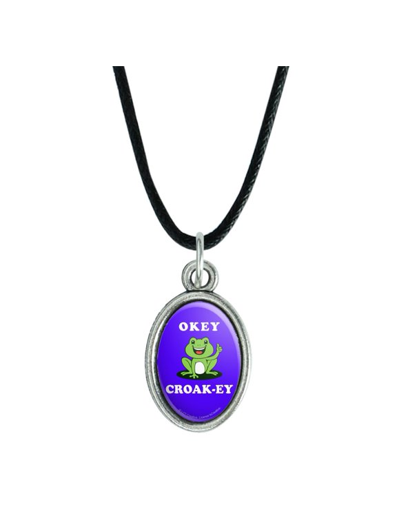 Okey Croak-ey Dokey Frog Funny Humor Antiqued Oval Charm Pendant with Black Satin Cord