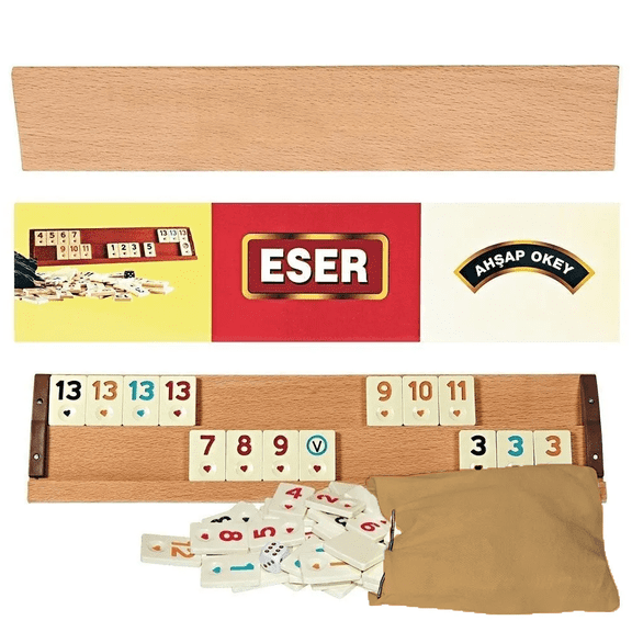 Okey Game Rummy Cube Set with 4 Wooden Racks and 106 Melamine Tiles in Pouch