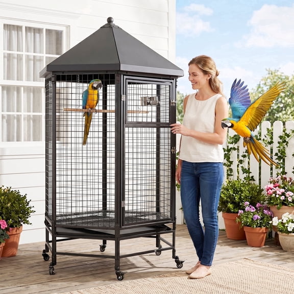 Okeysen Large 69" Hexagon Rolling Metal Bird Cage with Stand and Removable Trays