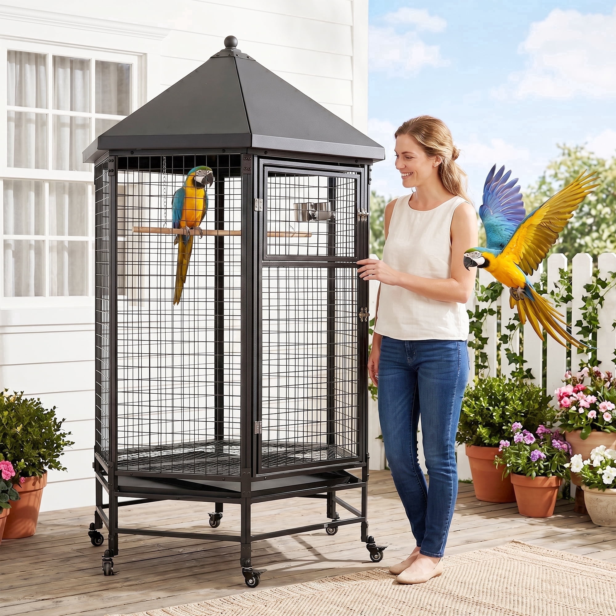 Okeysen Large 69" Hexagon Rolling Metal Bird Cage with Stand and Removable Trays
