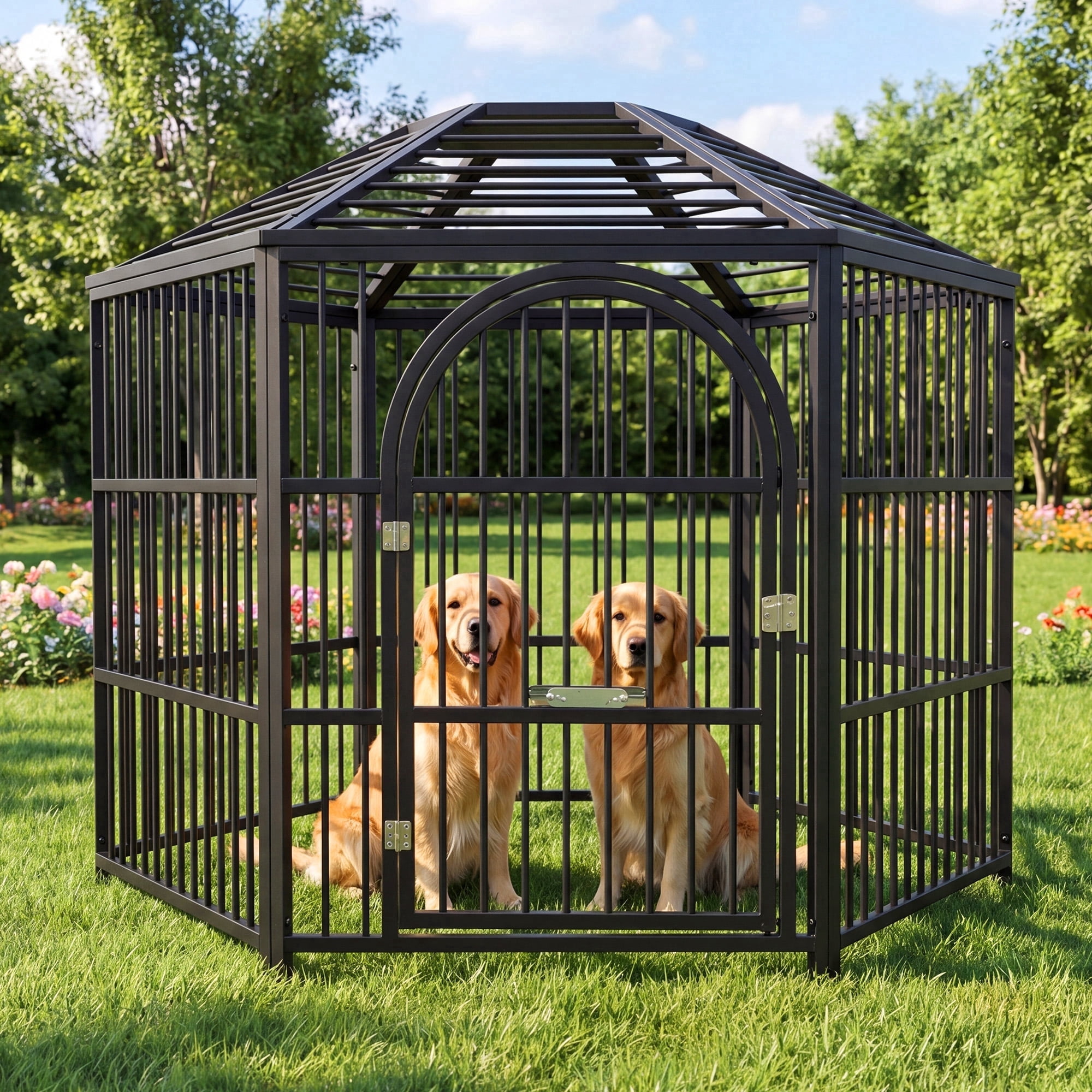 Okeysen 50 inch Hexagon Outdoor Large Dog Kennel with All-Weather Cover, Heavy-Duty Steel Frame, 5 Ground Anchors & Adjustable Bowl Stand