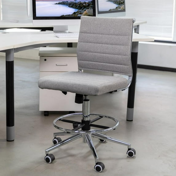 Okeysen Armless Desk Stool Drafting Chair Ergonomic Fabric Office Chair Modern Standing Desk Chair Adult with Adjustable Foot Ring, Ribbed Mid Back & Swivel Rolling, Gray