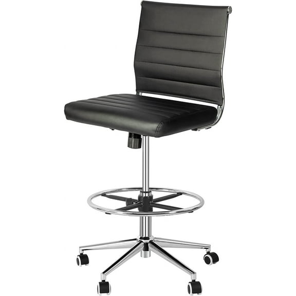Okeysen Armless Drafting Chair, Tall Office Desk PU Leather Chair for Standing Desk, Drafting Stool with Mid Back, Rolling Stool with Footrest, Height Adjustable Swivel Task Chair for Home Office