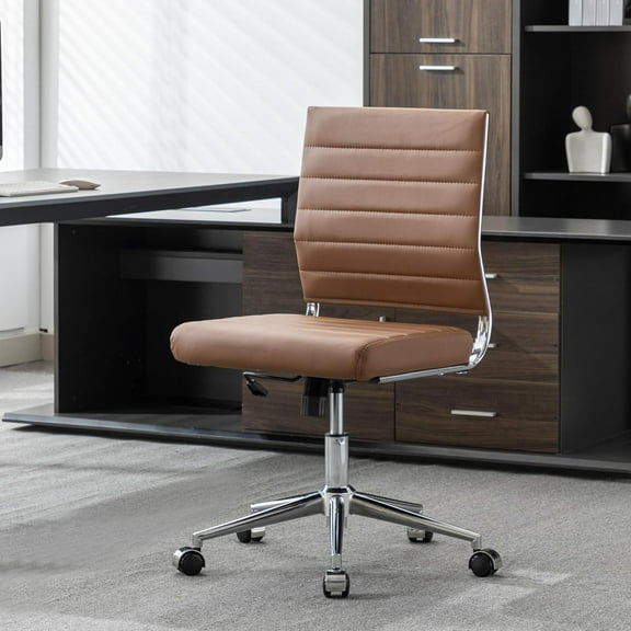 Okeysen Armless Office Desk Chair, Mid Back Leather Conference Room Chairs Without Armrests, Modern Office Chair Ribbed.