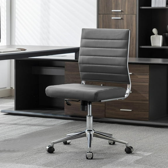 Okeysen Armless Office Desk Chair, Mid Back Leather Conference Room Chairs Without Armrests, Modern Office Chair Ribbed.