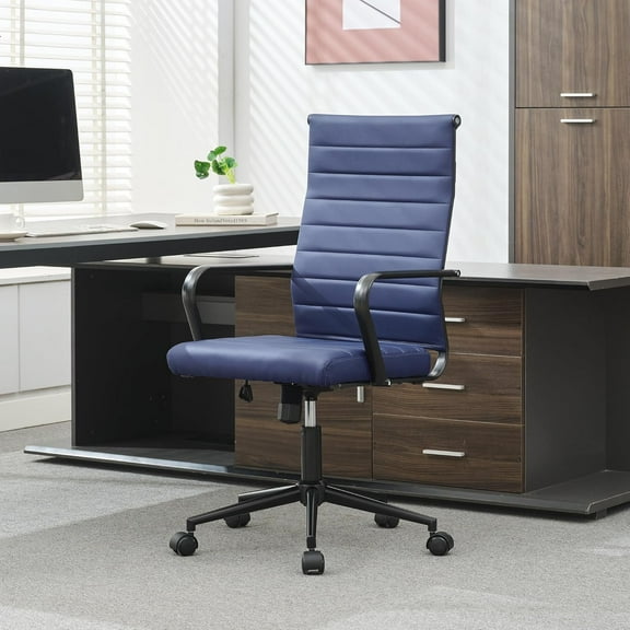 Okeysen Blue Leather Office Desk Chair, Conference Room Chairs Executive Chair Ribbed, Ergonomic Height Adjustable Swivel Rolling Chair for Home Office.