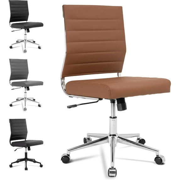 Okeysen Brown Armless Office Desk Chair, Mid Back Ergonomic Swivel Conference Room Chairs, Adjustable Height PU Leather Home Desk Chair, Modern Small Rolling Computer Task Chair