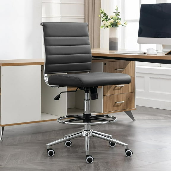 Okeysen Drafting Chair Armless Desk Stool, 400 LBS Ergonomic Leather Tall Office Chair with Adjustable Foot Ring, Modern Standing Desk Chair with Ribbed Mid Back, Swivel Rolling Drafting Stool.