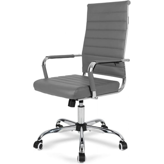 Okeysen Grey Office Desk Chair, Ergonomic Leather Modern Conference Room Chairs, Executive Ribbed Adjustable Swivel Rolling Chair for Home Office.