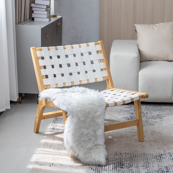 Okeysen Mid-century Modern Woven Leather Accent Chair, Lounge Chair Adult for Living Room, Bedroom, 300Lbs, Natural Wood Frame with White Leather, Gray Mat