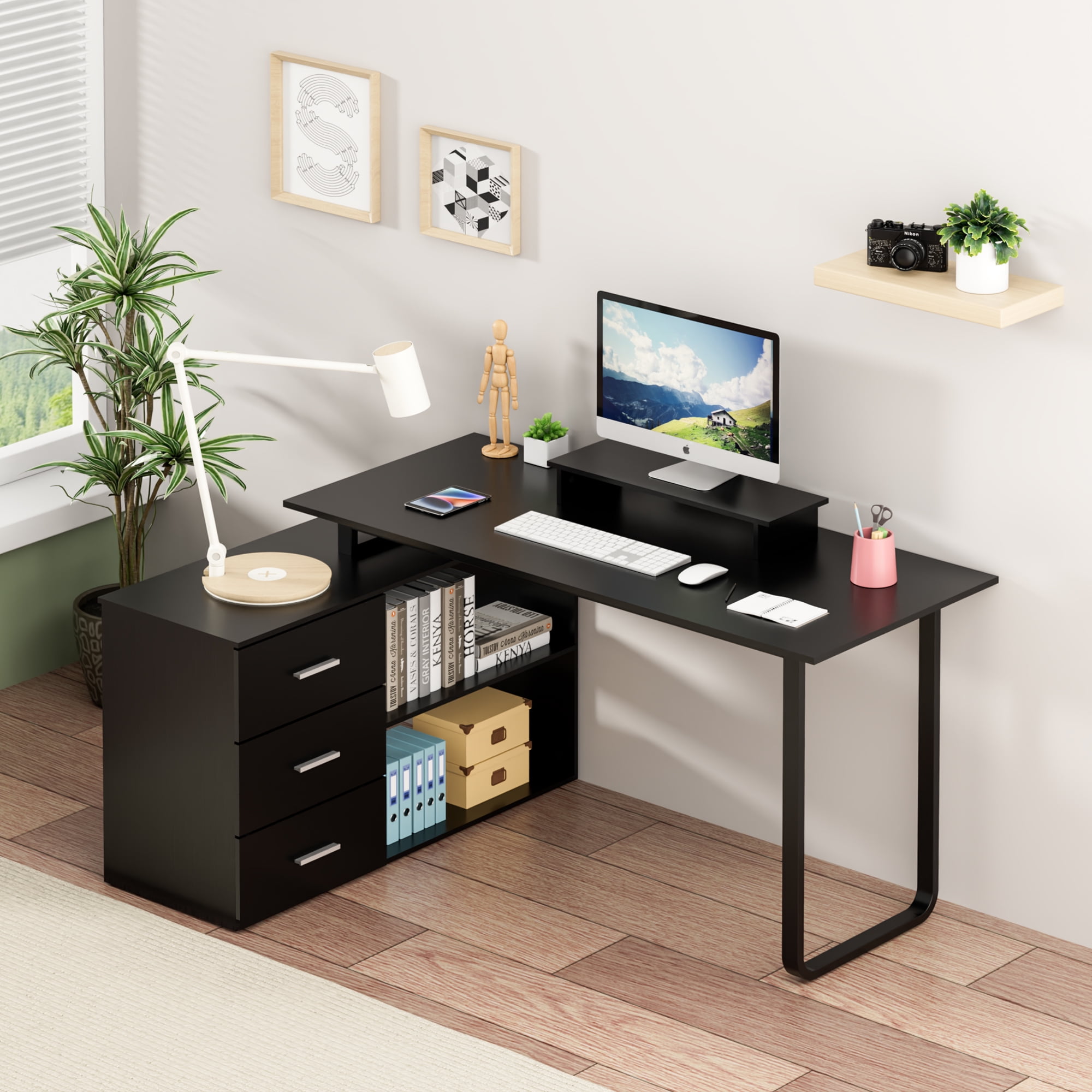 Okeysen Reversable LShaped Desk with File Drawer and Book