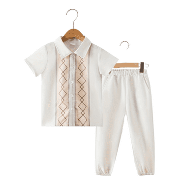Okgogo Boys' Geometric Pattern Short Sleeve Lapel Shirt and Pants Set Two Pieces Stylish Outfit Clothes From 4-8Y