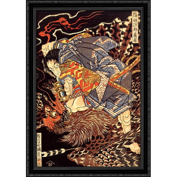 Oki no Jiro Hiroari killing a monstrous tengu 28x40 Large Black Ornate Wood Framed Canvas Art by Utagawa Kuniyoshi