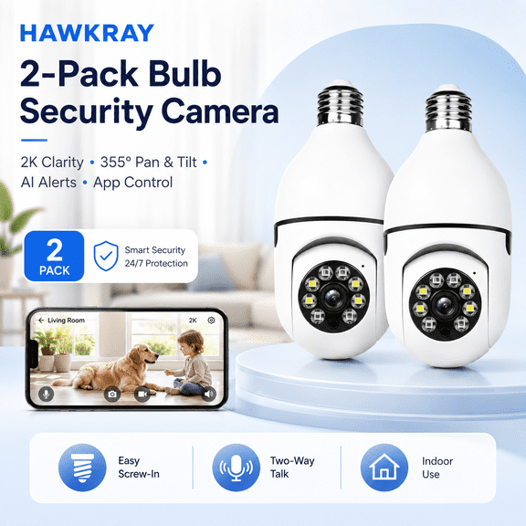 Okicoler 2 Pack 2K Indoor Bulb Security Camera, Easy Screw-In Wi-Fi Home Camera with AI Smart Alerts, 355 Pan & Tilt, Night Vision, Two-Way Talk & App Control
