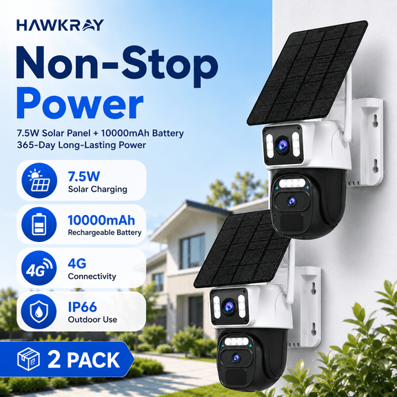 Okicoler 2Pack 4G LTE Solar Security Camera Dual-Cam, Color Night Vision, 360 Pan-Tilt, Two-Way Audio, No WiFi, Built-in SIM(Need to recharge network traffic)
