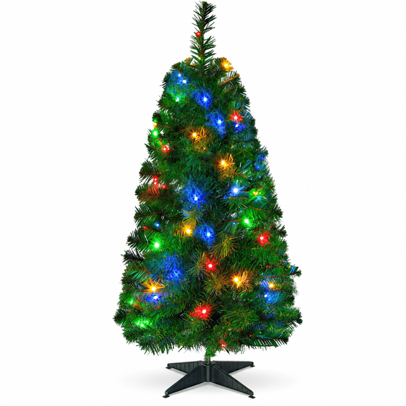 Okicoler 3-Foot Pre-Lit Slim Artificial Christmas Tree with Red, Yellow, Blue & Green Multicolor Lights and Sturdy Metal Stand for Home, Office and Holiday Party Decor